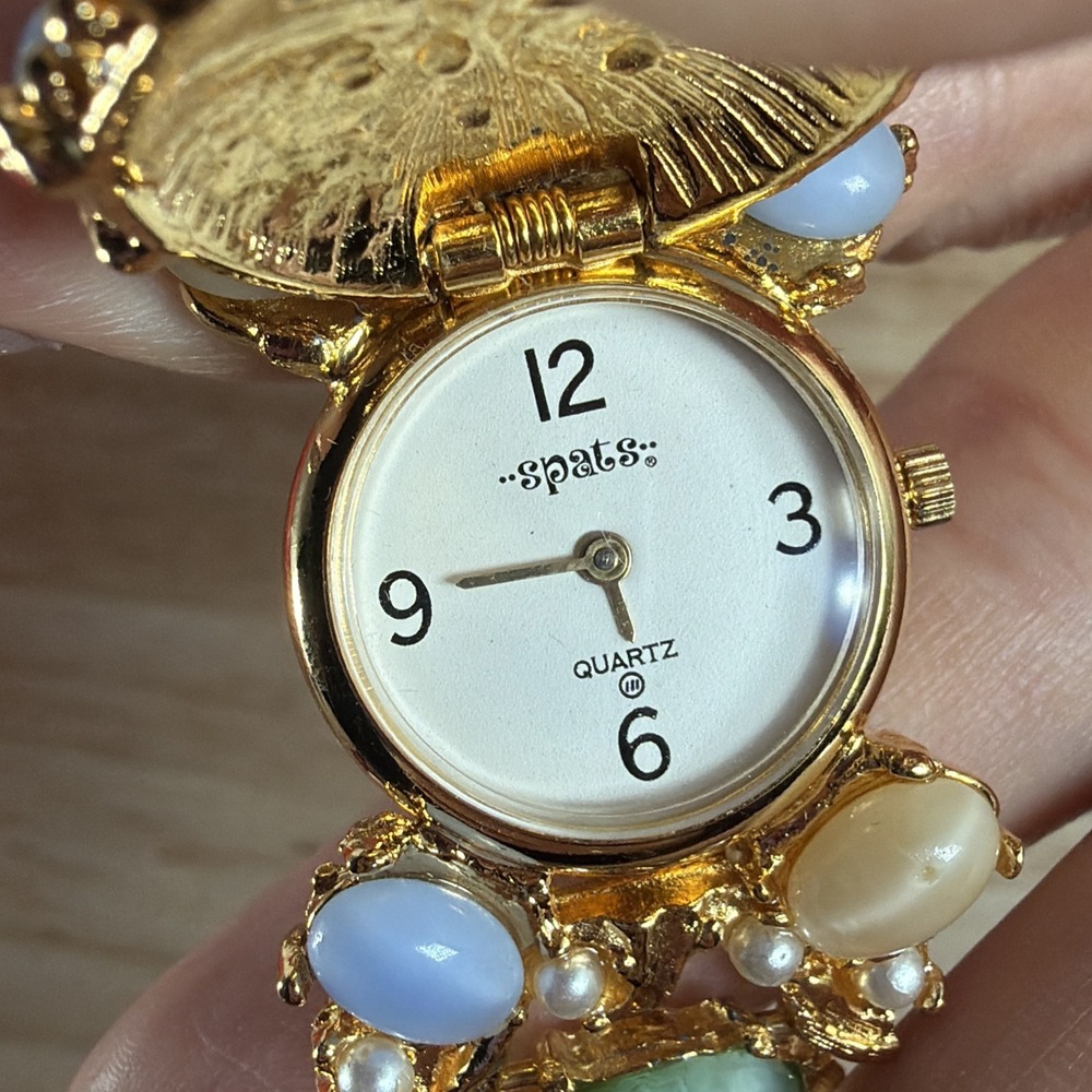 Spatz Hidden Dial Gold Tone Cabochon Watch Moonstone Pearl Bracelet New Battery - Picture 6 of 9
